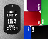 there are 5 lines of text - Line 1 and 2 are large and at the top of the tag, 15 characters max, lines 3 and 4 are smaller in the middle of the tag with 15 characters each, and line 5 is up to 100 characters across 3 lines. Colors are blue, red, purple, green, and black.
